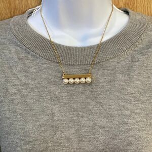 Gold Tone Faux Pearl Bar Pendant Necklace Minimalist Elegant 16-18"